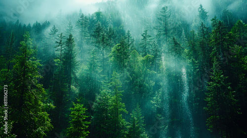 Serene Mountain Landscape Under Cloudy Rainy Skies 