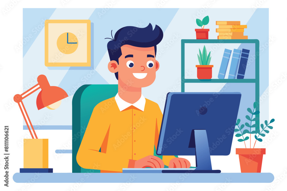 A man focusing at his computer screen on a busy workday. AI generated A man focusing at his computer screen on a busy workday. AI generated