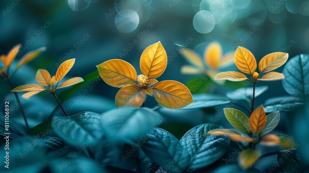 The image shows a close-up of a flower with blue petals and yellow leaves with a blurred background. The image shows a close-up of a flower with blue petals and yellow leaves with a blurred background.