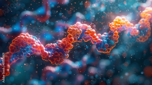 The image shows a close-up of a DNA double helix. The DNA is red and blue, and the background is white.