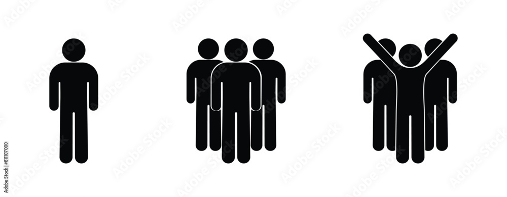 stickman icon set, leader of group of people, isolated pictogram of human silhouettes stickman icon set, leader of group of people, isolated pictogram of human silhouettes