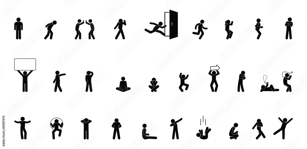 stick figure man icon, large set of stickman, people standing, sitting, walking