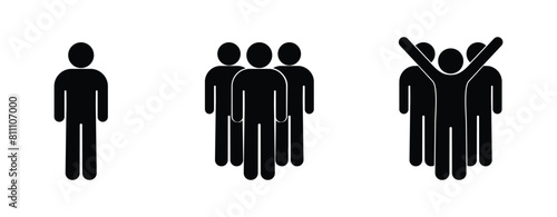 stickman icon set, leader of group of people, isolated pictogram of human silhouettes