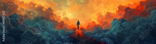 A lone figure stands on a precipice, silhouetted against a backdrop of swirling clouds