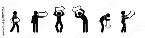 icon showing direction, stickman with arrow, various poses set, people isolated silhouettes