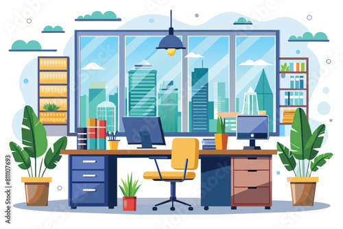 A simple and elegant office room featuring a desk and chair for work or study, elegant office interior, Modern office workspace with desk and plants 