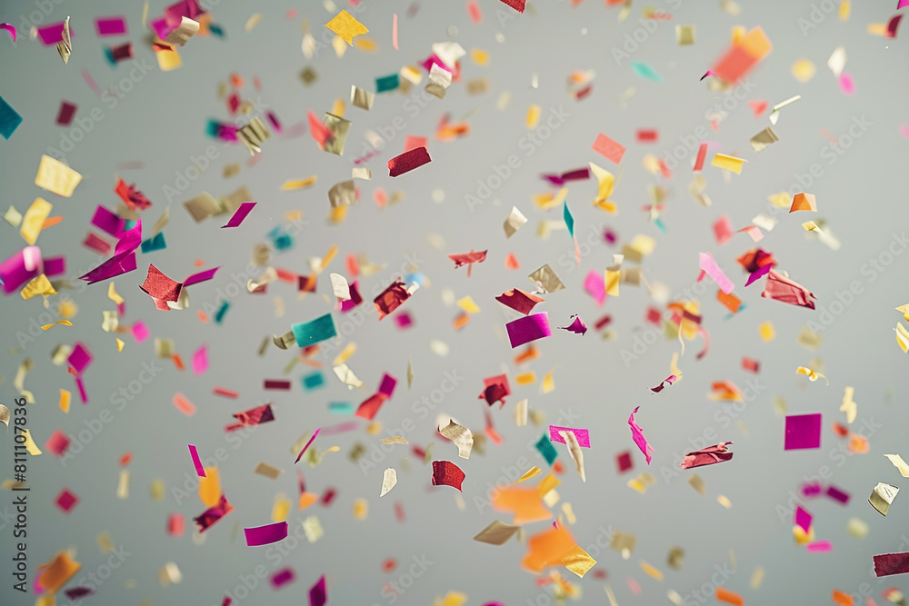 Multi-colored confetti flutters on a pale grey background, creating a sophisticated celebration scene captured in full HD.