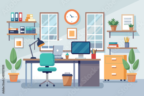 A simple and elegant office room featuring a desk and chair for work or study, elegant office interior, Modern office workspace with desk and plants 