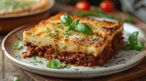 A plate of moussaka on a wooden table with sprinkled parmasan cheese and fresh basil leaves 