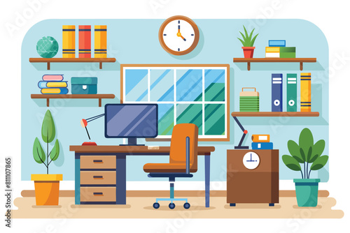 A simple and elegant office room featuring a desk and chair for work or study, elegant office interior, Modern office workspace with desk and plants  Ai generated © Tanu