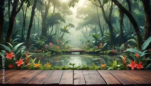beautiful Fantasy Jungle with flowers and pond, tropical 3D illustration wild African. Product display 