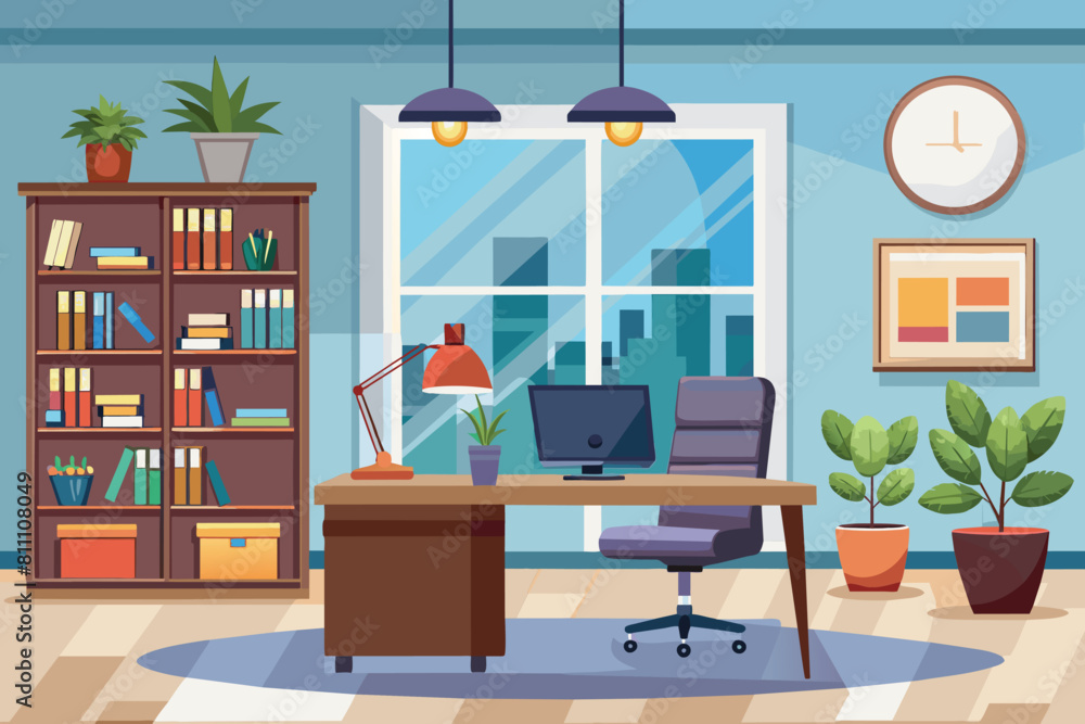 A simple and elegant office room featuring a desk and chair for work or study, elegant office interior, Modern office workspace with desk and plants Ai generated A simple and elegant office room featuring a desk and chair for work or study, elegant office interior, Modern office workspace with desk and plants Ai generated