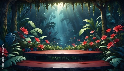 beautiful Fantasy Jungle with flowers and pond  tropical 3D illustration wild African. Product display 