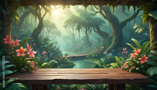 beautiful Fantasy Jungle with flowers and pond  tropical 3D illustration wild African. Product display 