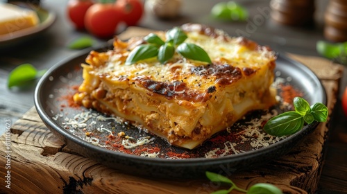 A plate of moussaka on a wooden table with sprinkled parmasan cheese and fresh basil leaves 