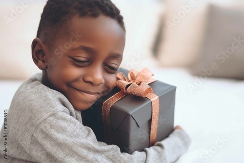 Cheerful child showing pure joy while holding gift. Children's Day gift box. Afro-descendant boy.