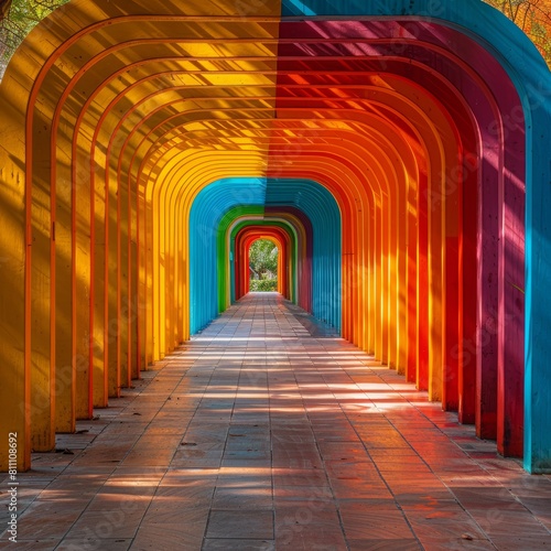 The image shows a colorful tunnel with a bright yellow  blue  orange  red and purple.
