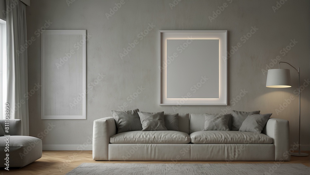 mockup frame poster. Blank frame hanging on the wall with Modern interior Room design in 3D render. illustration generative ai mockup frame poster. Blank frame hanging on the wall with Modern interior Room design in 3D render. illustration generative ai