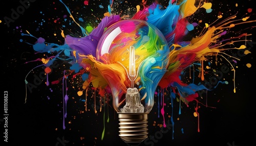 Eine Glühbirne explodiert vor Kreativität mit bunter Farbe und spritzt auf einen schwarzen Hintergrund. photo
