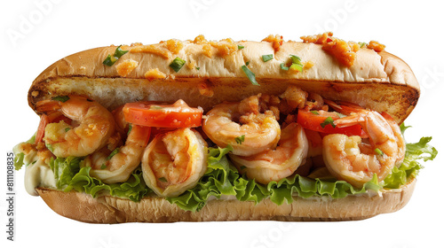 Shrimp po'boy sandwich cut out transparent isolated on white background PNG file artwork graphic design. photo
