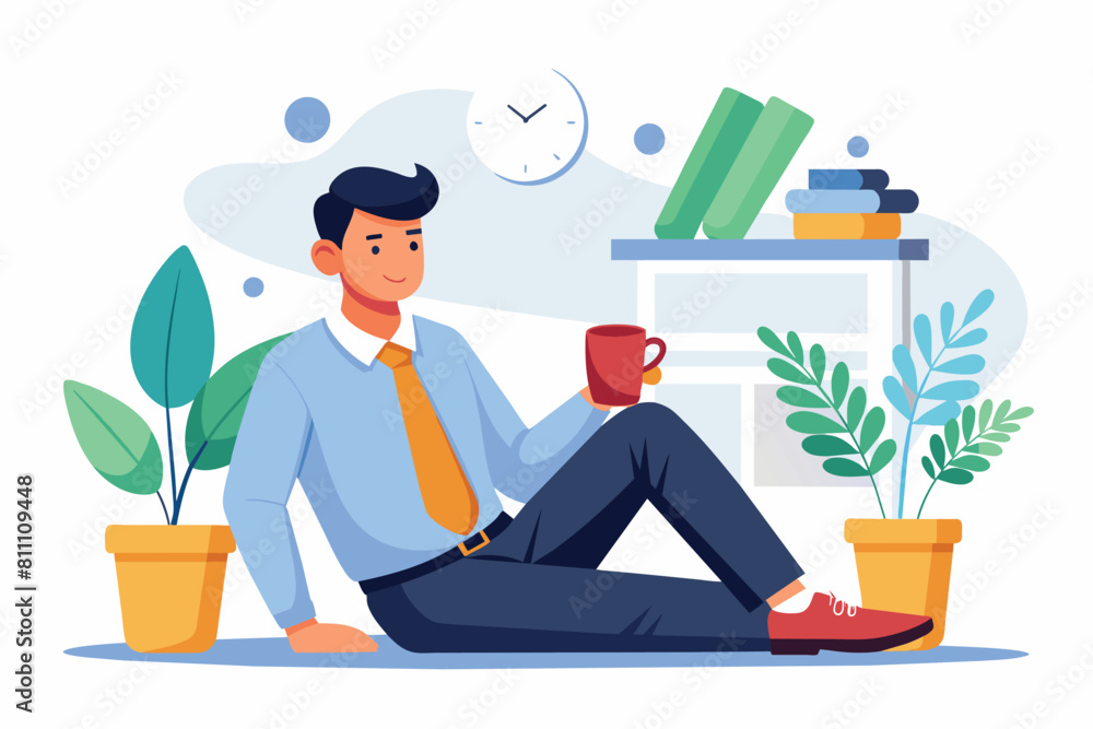 Businessman peacefully enjoying a cup of coffee on the floor. AI generated Businessman peacefully enjoying a cup of coffee on the floor. AI generated