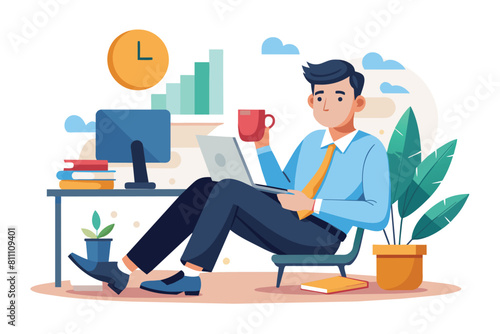 Businessman peacefully enjoying a cup of coffee on the floor. AI generated