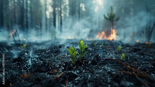 A close-up photo of a recently extinguished forest fire. Focus on the charred remains of trees, wisps of smoke rising from the embers photo