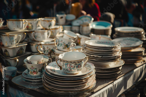 Stack of elegant vintage porcelain plates and cups on display at a bustling outdoor flea market on a sunny day