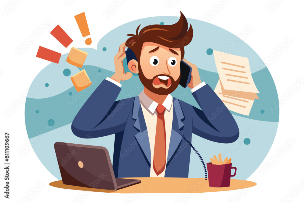 A businessman sitting at desk, talking on phone. AI generated A businessman sitting at desk, talking on phone. AI generated