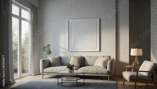 mockup frame poster. Blank frame hanging on the wall with Modern interior Room design in 3D render. illustration generative ai