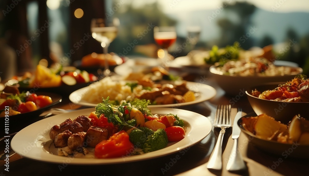 A table laden with assorted food - plates of veggies, fruits, bowls of various dishes, with utensils like forks, knives, spoons, and cups nearby. A table laden with assorted food - plates of veggies, fruits, bowls of various dishes, with utensils like forks, knives, spoons, and cups nearby.