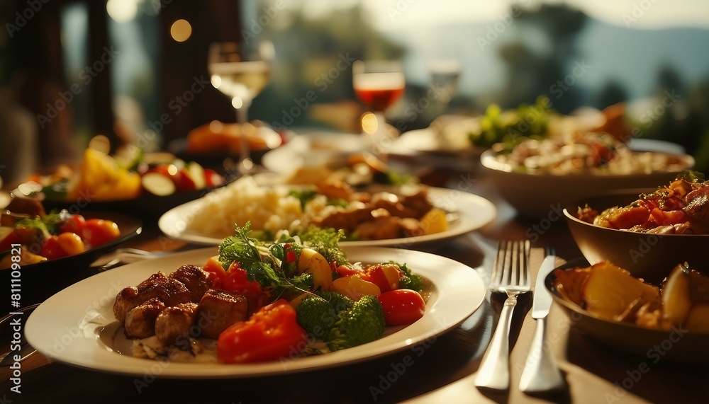 A table laden with assorted food - plates of veggies, fruits, bowls of various dishes, with utensils like forks, knives, spoons, and cups nearby.