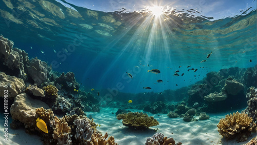 Underwater Oasis  Split View Revealing a Sunny Sky and Serene Sea  Creating a Moment of Tranquility