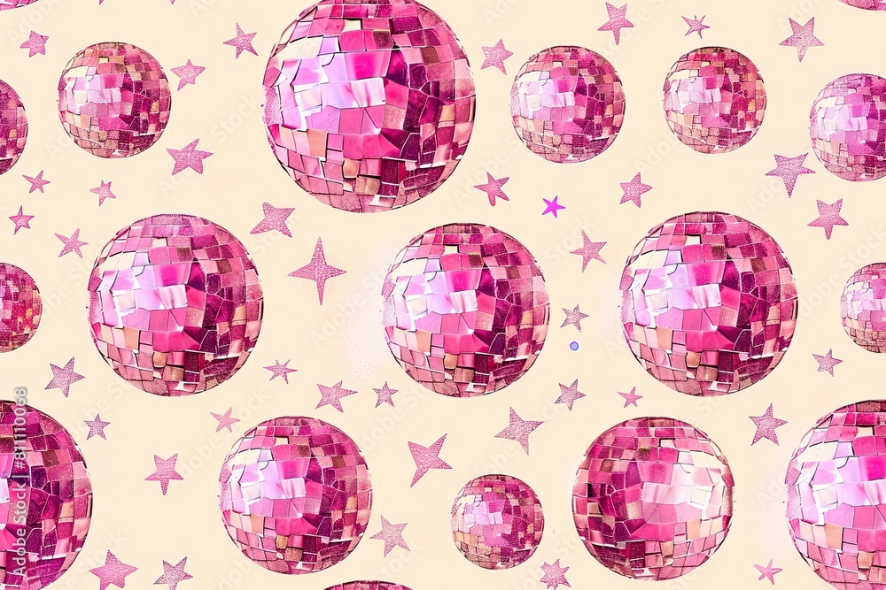 A vibrant seamless pattern of shimmering neon pink disco balls with little stars on a peach background, perfect for a retro disco event or decoration. Symbol of the disco era of the 1970s and 1980s