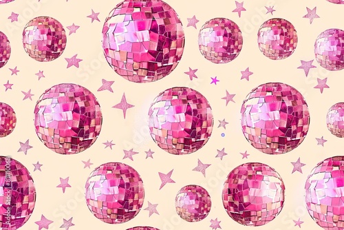 A vibrant seamless pattern of shimmering neon pink disco balls with little stars on a peach background  perfect for a retro disco event or decoration. Symbol of the disco era of the 1970s and 1980s