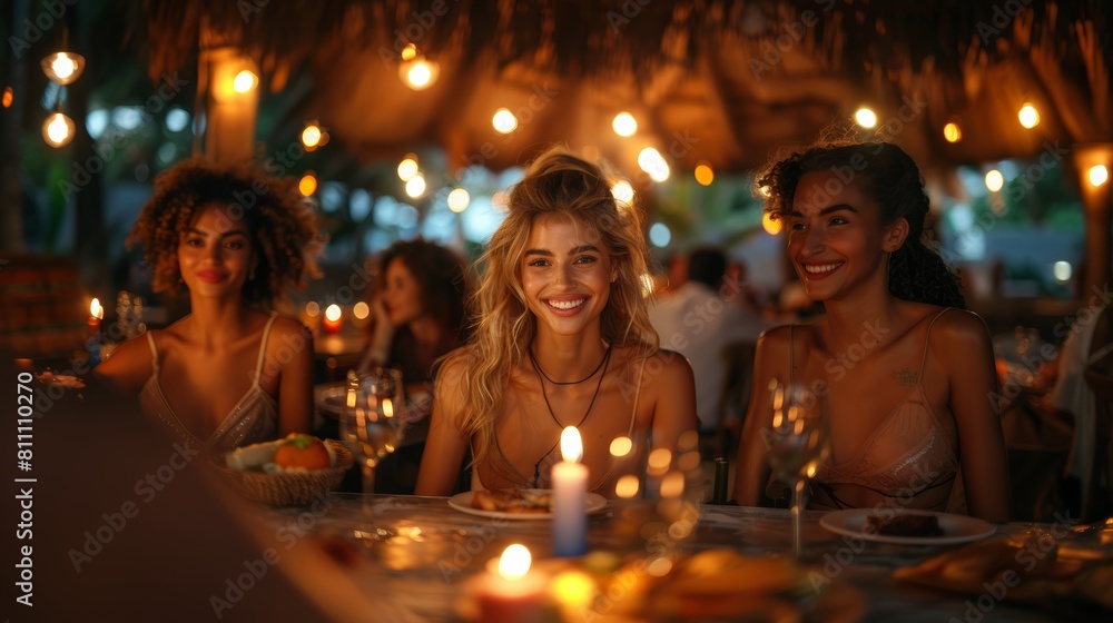 Multicultural Friends Enjoying Dinner at a Cozy Beachside Restaurant with Fairy Lights