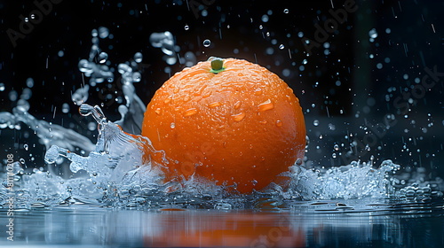 water splashing onto orange, in the style of cleared background, Fresh, clean fruit juice with an orange flavor, a flavored fruit drinks, fresh fruit products from organic gardens.