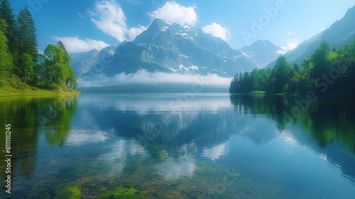 Serene Summer Morning by Hintersee Lake with Reflection of Mountains and Forests
