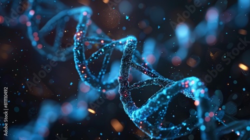 The image shows a glowing blue double helix representing DNA on a dark blue background. photo