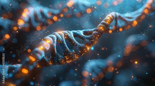 The image shows a glowing blue double helix representing DNA with a lot of bright orange dots around it.