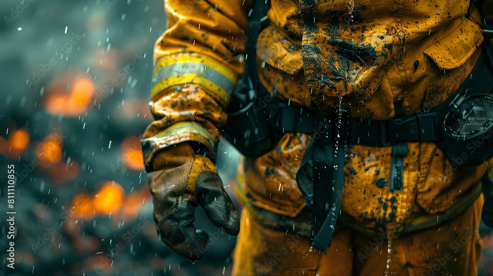 A close-up photo of Personal Protective Equipment (PPE): Firefighters wear specialized gear, including helmets, fire-resistant clothing, gloves, and boots, to protect themselves from heat A close-up photo of Personal Protective Equipment (PPE): Firefighters wear specialized gear, including helmets, fire-resistant clothing, gloves, and boots, to protect themselves from heat