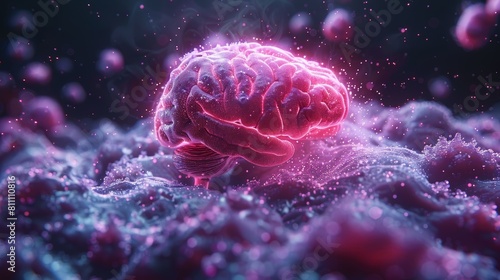 The image shows a glowing pink and purple brain.