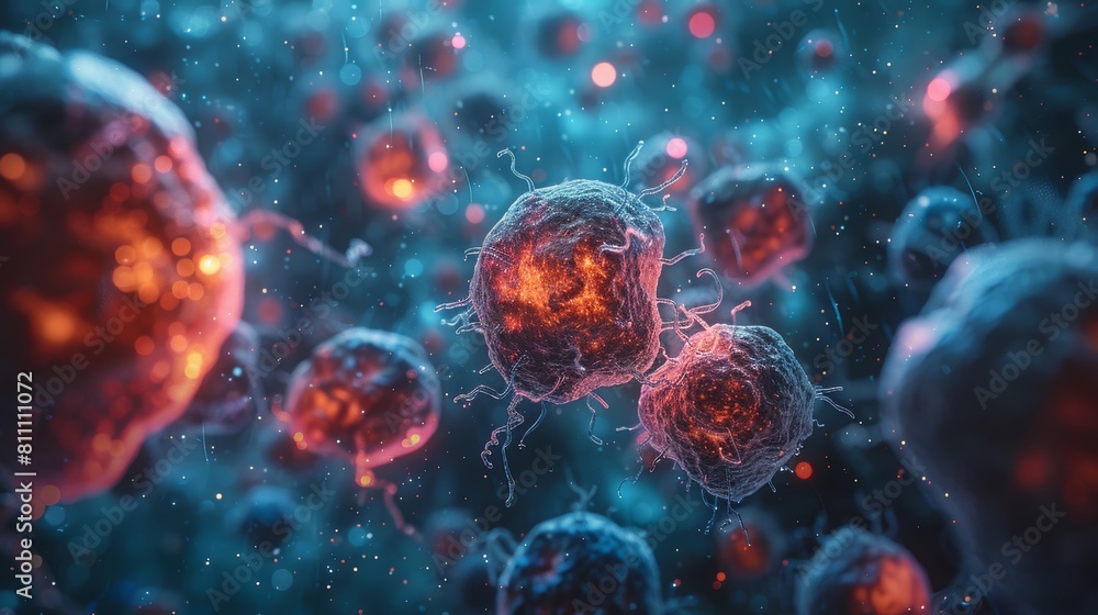 The image shows a group of cancer cells. The cancer cells are red and the healthy cells are blue. The cancer cells are attacking the healthy cells. The image shows a group of cancer cells. The cancer cells are red and the healthy cells are blue. The cancer cells are attacking the healthy cells.