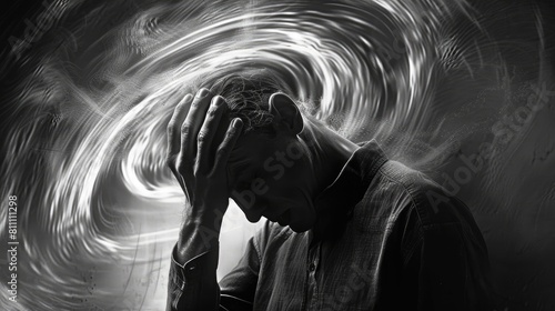 The concept of vertigo illness involves a man clutching his head experiencing a swirling headache and a disorienting sensation of dizziness typically stemming from issues within the inner ea photo