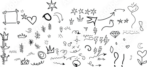 Hand Drawn Design Elements , star, heart shape. Hand drawn doodle sketch style circle, cloud speech bubble grunge element set. Arrow, star, heart brush decoration. Hand drawn scribble element set.