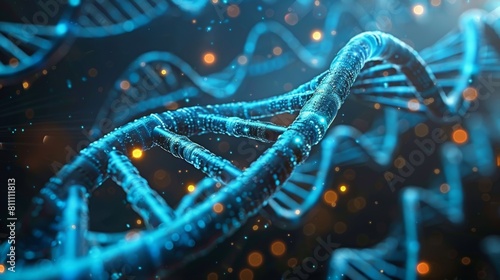 The image shows a glowing blue double helix representing DNA, the blueprint of life,close up view of dna photo