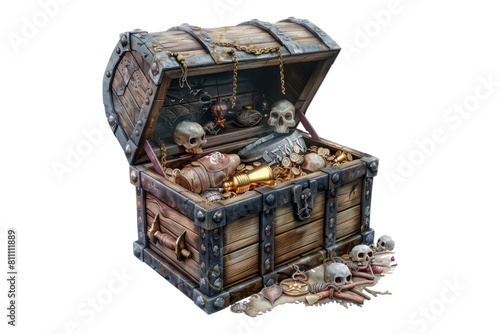 Pirate treasures in an old sea chest isolated on transparent background photo