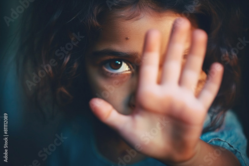 Kid gesturing halt, advocating against child exploitation. Together we can strengthen. photo
