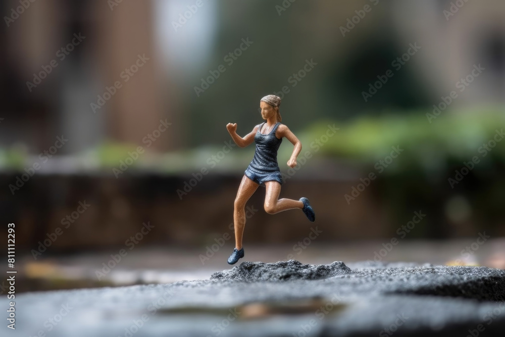 A tiny woman is sprinting across a small bridge