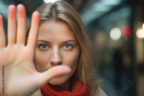 Female hand signaling stop. Taking a stand against abuse. Together we are stronger in this fight.